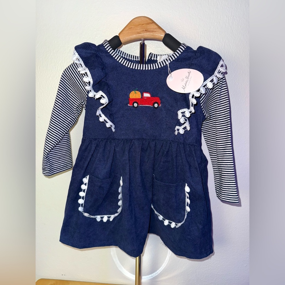 Marie Nicole navy corduroy pumpkin truck shirt dress, size 2 years, NWT